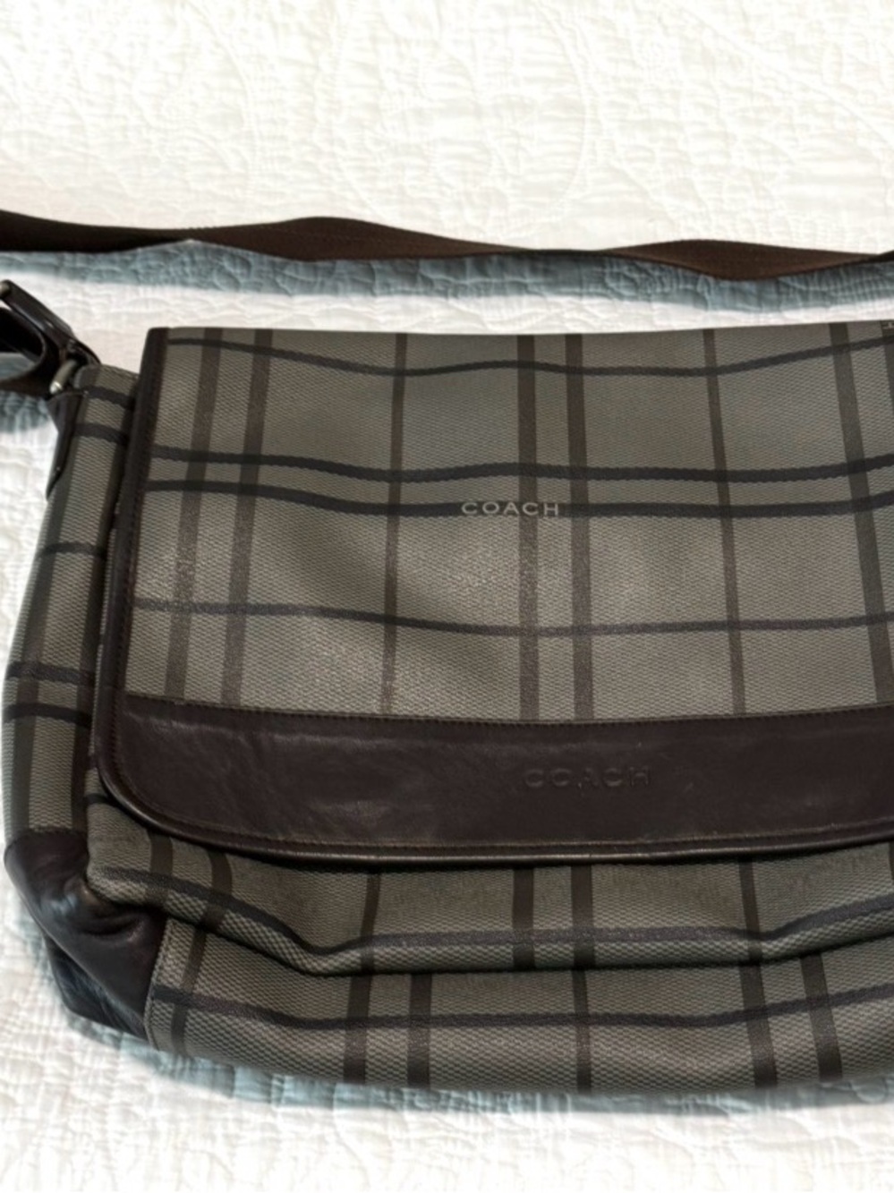 Coach Men's Plaid Messenger Bag in Gray with Dark Brown Trim